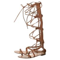 Pre Owned Valentino Tan Leather Knee High Gladiator Flat Sandals Size 37