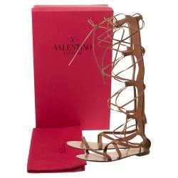 Pre Owned Valentino Tan Leather Knee High Gladiator Flat Sandals Size 37