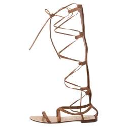 Pre Owned Valentino Tan Leather Knee High Gladiator Flat Sandals Size 37