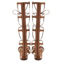 Pre Owned Valentino Tan Leather Knee High Gladiator Flat Sandals Size 37