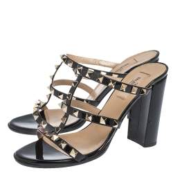 Pre Owned Valentino Black Patent Leather Rockstud Strappy Sandals Size 38.5