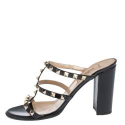 Pre Owned Valentino Black Patent Leather Rockstud Strappy Sandals Size 38.5