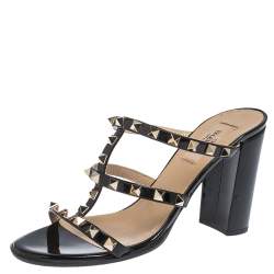 Pre Owned Valentino Black Patent Leather Rockstud Strappy Sandals Size 38.5