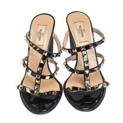 Pre Owned Valentino Black Patent Leather Rockstud Strappy Sandals Size 38.5