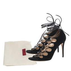 Pre Owned Valentino Black Suede Rockstud Open Toe Lace Up Ankle Wrap Sandals Size 37