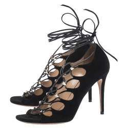 Pre Owned Valentino Black Suede Rockstud Open Toe Lace Up Ankle Wrap Sandals Size 37