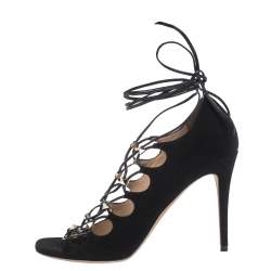 Pre Owned Valentino Black Suede Rockstud Open Toe Lace Up Ankle Wrap Sandals Size 37