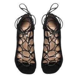 Pre Owned Valentino Black Suede Rockstud Open Toe Lace Up Ankle Wrap Sandals Size 37