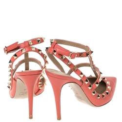 Pre Owned Valentino Peach Leather Rockstud Ankle Strap Sandals Size 38
