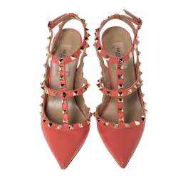 Pre Owned Valentino Peach Leather Rockstud Ankle Strap Sandals Size 38