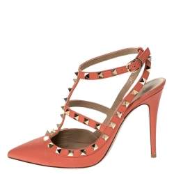 Pre Owned Valentino Peach Leather Rockstud Ankle Strap Sandals Size 38