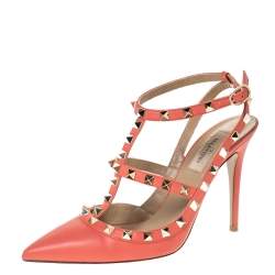 Pre Owned Valentino Peach Leather Rockstud Ankle Strap Sandals Size 38