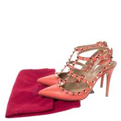 Pre Owned Valentino Peach Leather Rockstud Ankle Strap Sandals Size 38