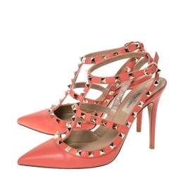 Pre Owned Valentino Peach Leather Rockstud Ankle Strap Sandals Size 38