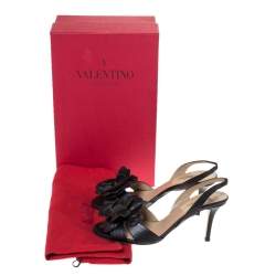 Pre Owned Valentino Black Leather Flower Embellished Slingback Sandals Size 36