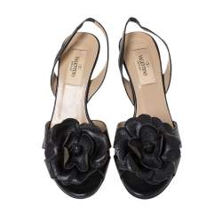 Pre Owned Valentino Black Leather Flower Embellished Slingback Sandals Size 36