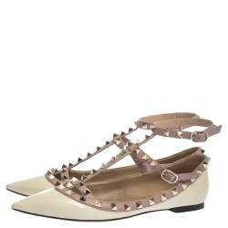 Pre Owned Valentino Cream/Beige Patent Leather Rockstud Ballet Flats Size 38