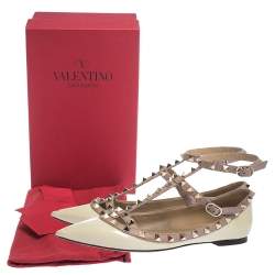 Pre Owned Valentino Cream/Beige Patent Leather Rockstud Ballet Flats Size 38