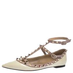 Pre Owned Valentino Cream/Beige Patent Leather Rockstud Ballet Flats Size 38