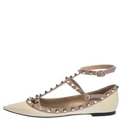 Pre Owned Valentino Cream/Beige Patent Leather Rockstud Ballet Flats Size 38