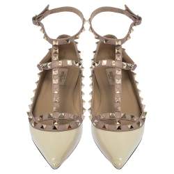 Pre Owned Valentino Cream/Beige Patent Leather Rockstud Ballet Flats Size 38