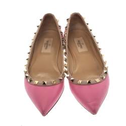 Pre Owned Valentino Pink Leather Rockstud Pointed Toe Ballet Flats Size 37