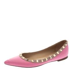 Pre Owned Valentino Pink Leather Rockstud Pointed Toe Ballet Flats Size 37