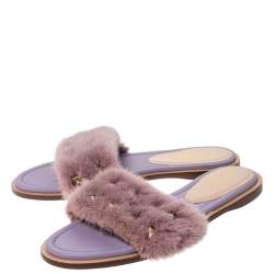 Pre Owned Valentino Multicolor Fur and Leather Rockstud Flat Sandals Size 38