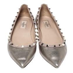 Pre Owned Valentino Metallic Bronze Leather Rockstud Ballet Flats Size 40