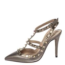 Pre Owned Valentino Metallic Bronze Leather Rockstud Ankle Strap Sandals Size 36