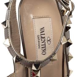 Pre Owned Valentino Metallic Bronze Leather Rockstud Ankle Strap Sandals Size 36