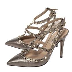 Pre Owned Valentino Metallic Bronze Leather Rockstud Ankle Strap Sandals Size 36