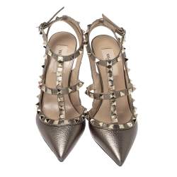 Pre Owned Valentino Metallic Bronze Leather Rockstud Ankle Strap Sandals Size 36