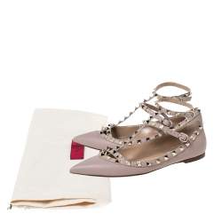 Pre Owned Valentino Beige Leather Rockstud Pointed Toe Ankle Strap Ballet Flats Size 37.5
