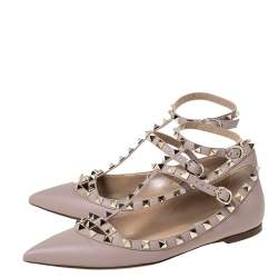 Pre Owned Valentino Beige Leather Rockstud Pointed Toe Ankle Strap Ballet Flats Size 37.5