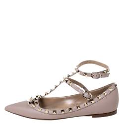 Pre Owned Valentino Beige Leather Rockstud Pointed Toe Ankle Strap Ballet Flats Size 37.5