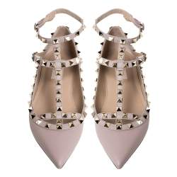 Pre Owned Valentino Beige Leather Rockstud Pointed Toe Ankle Strap Ballet Flats Size 37.5