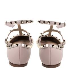 Pre Owned Valentino Beige Leather Rockstud Pointed Toe Ankle Strap Ballet Flats Size 37.5
