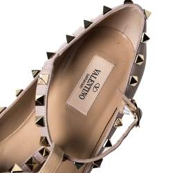 Pre Owned Valentino Beige Leather Rockstud Pointed Toe Ankle Strap Ballet Flats Size 37.5