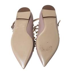 Pre Owned Valentino Beige Leather Rockstud Pointed Toe Ankle Strap Ballet Flats Size 37.5