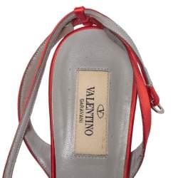 Pre Owned Valentino Red Satin Crystal Embellished T Strap Sandals Size 37