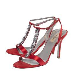 Pre Owned Valentino Red Satin Crystal Embellished T Strap Sandals Size 37