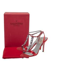 Pre Owned Valentino Red Satin Crystal Embellished T Strap Sandals Size 37