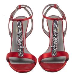 Pre Owned Valentino Red Satin Crystal Embellished T Strap Sandals Size 37