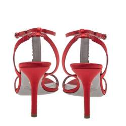 Pre Owned Valentino Red Satin Crystal Embellished T Strap Sandals Size 37