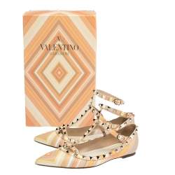 Pre Owned Valentino Multicolor Native Couture 1975 Print Leather Rockstud Pointed Toe Ballet Flats Size 39.5