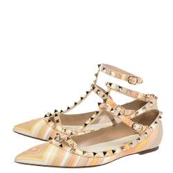 Pre Owned Valentino Multicolor Native Couture 1975 Print Leather Rockstud Pointed Toe Ballet Flats Size 39.5