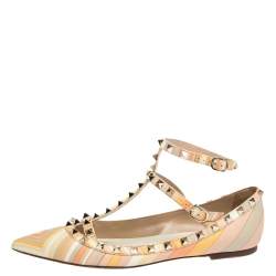 Pre Owned Valentino Multicolor Native Couture 1975 Print Leather Rockstud Pointed Toe Ballet Flats Size 39.5