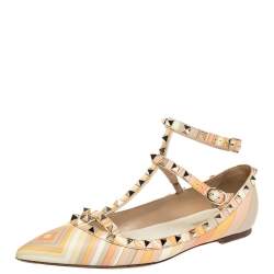 Pre Owned Valentino Multicolor Native Couture 1975 Print Leather Rockstud Pointed Toe Ballet Flats Size 39.5