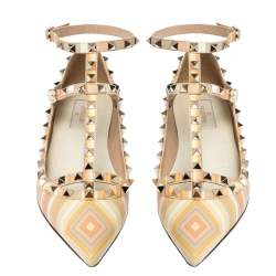 Pre Owned Valentino Multicolor Native Couture 1975 Print Leather Rockstud Pointed Toe Ballet Flats Size 39.5